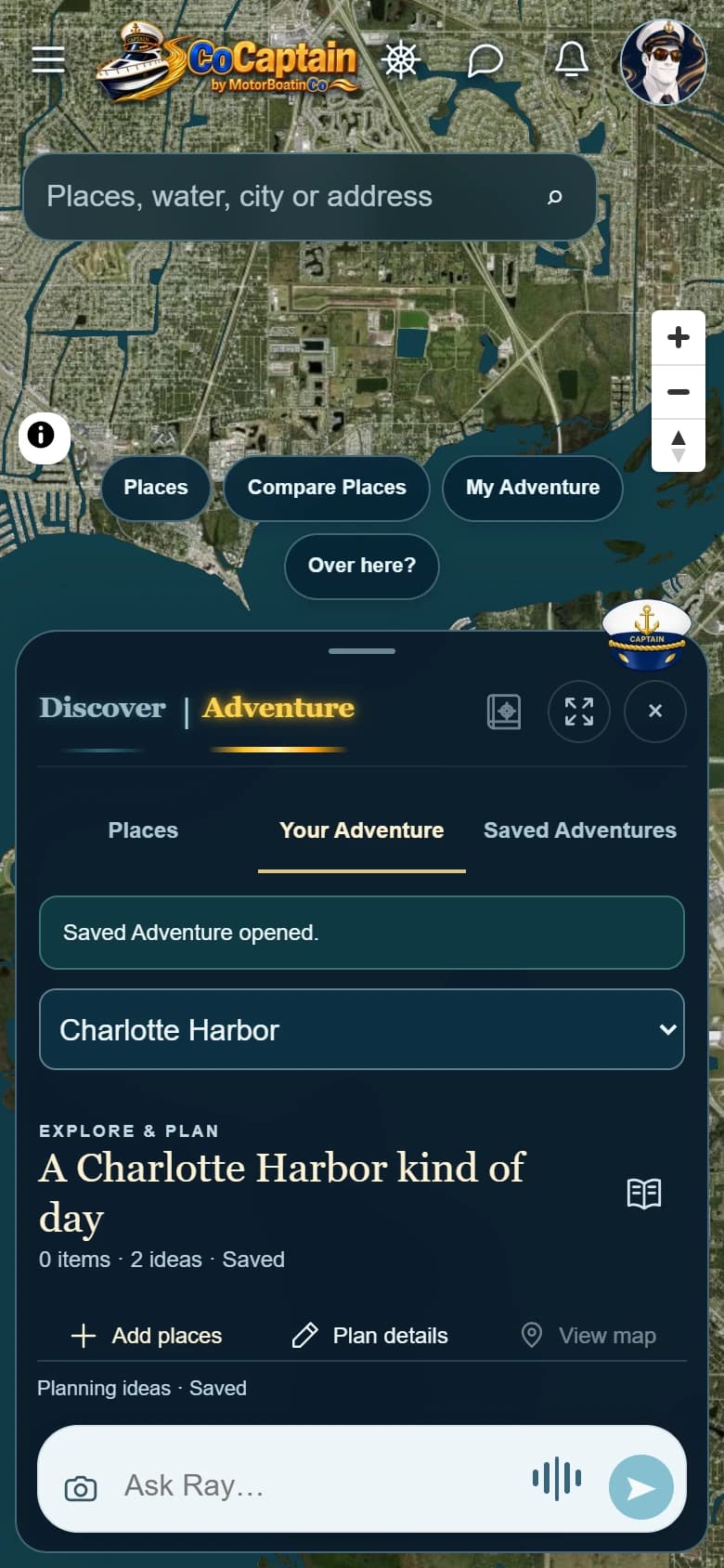 Actual mobile Adventure Builder with an illustrative Charlotte Harbor plan