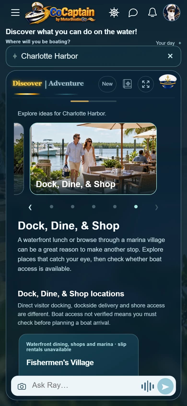 Actual mobile CoCaptain Discover screen for Charlotte Harbor