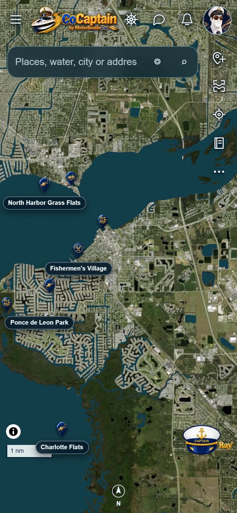 Actual mobile CoCaptain Navigation screen showing Charlotte Harbor without an active route